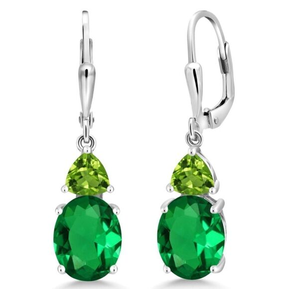 925 Sterling Silver with 4.96 Cttw Emerald and Peridot Leverback Drop Earrings